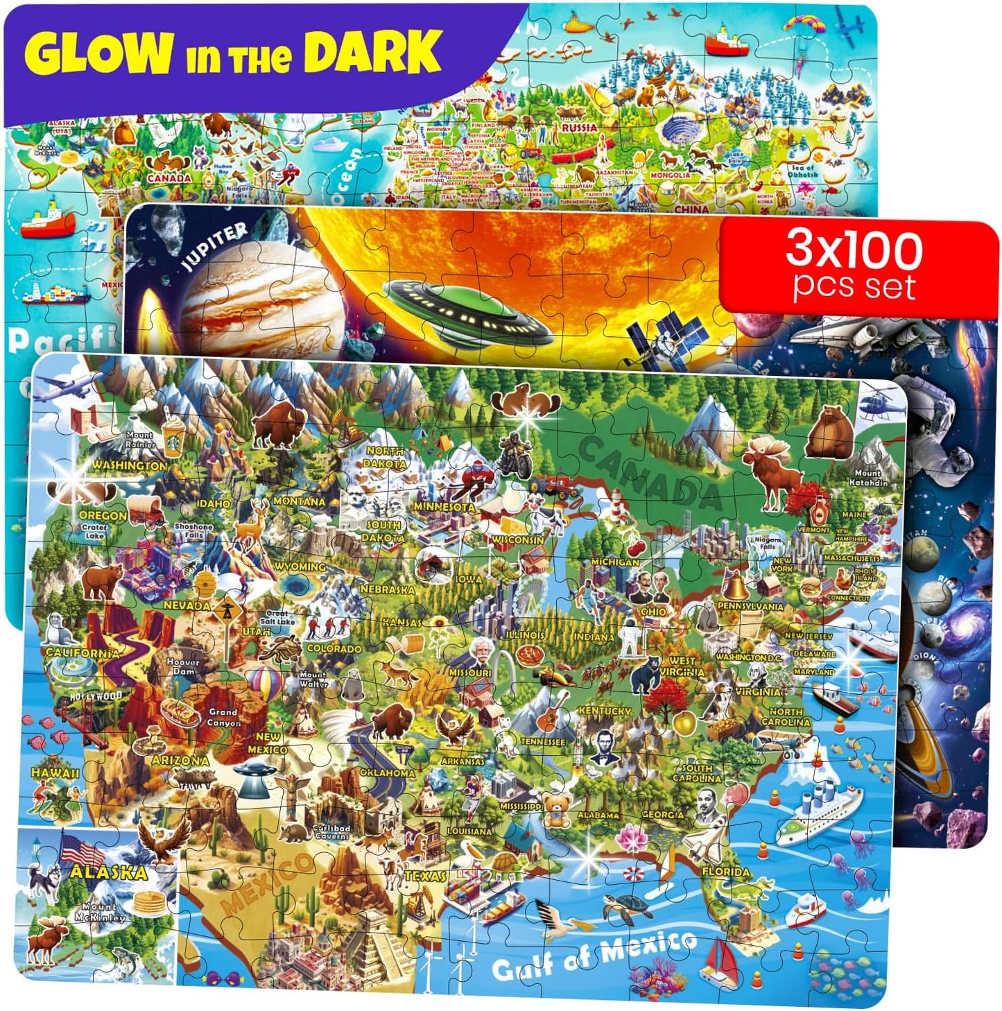 QUOKKA 3X Set Learning Board Games for Kids 8-12 - Educational Trivia Cards Ages 6-8 - Travel United States - World Map - Explore Outer Space - Gift for Children and Teens 4-8 - Jigsaw Puzzles