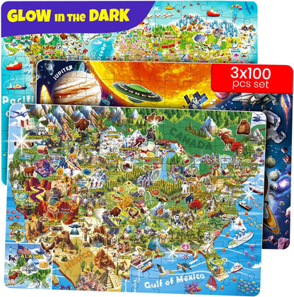 QUOKKA 3X Set Learning Board Games for Kids 8-12 - Educational Trivia Cards Ages 6-8 - Travel United States - World Map - Explore Outer Space - Gift for Children and Teens 4-8 - Jigsaw Puzzles