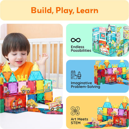 PicassoTiles Magnetic Tile Building Blocks Add On 8 Magnetized Action Figures Construction Vehicles & Zoo Animal Theme Compatible with Magnet Tiles Sets STEM Learning Toy for Boys & Girls Age 3+ PTA21