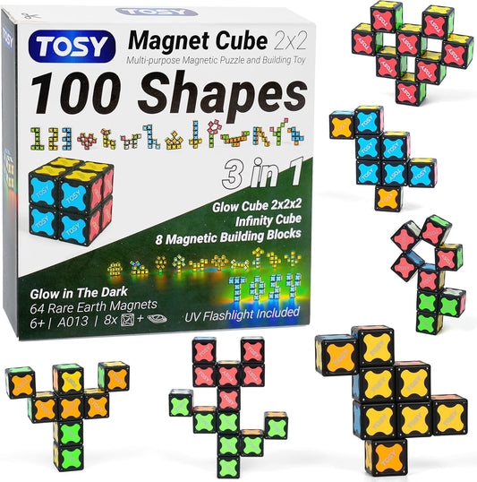 TOSY Magnet Cube 2x2 - 8 Blocks, 2in1 Toy: 2x2x2 Puzzle Cube and Customizable Infinity Cube, Easter Basket Stuffers Gifts for Kids/Grandkids, Glowing w/ UV Flashlight, STEM Toy, 2-Pack