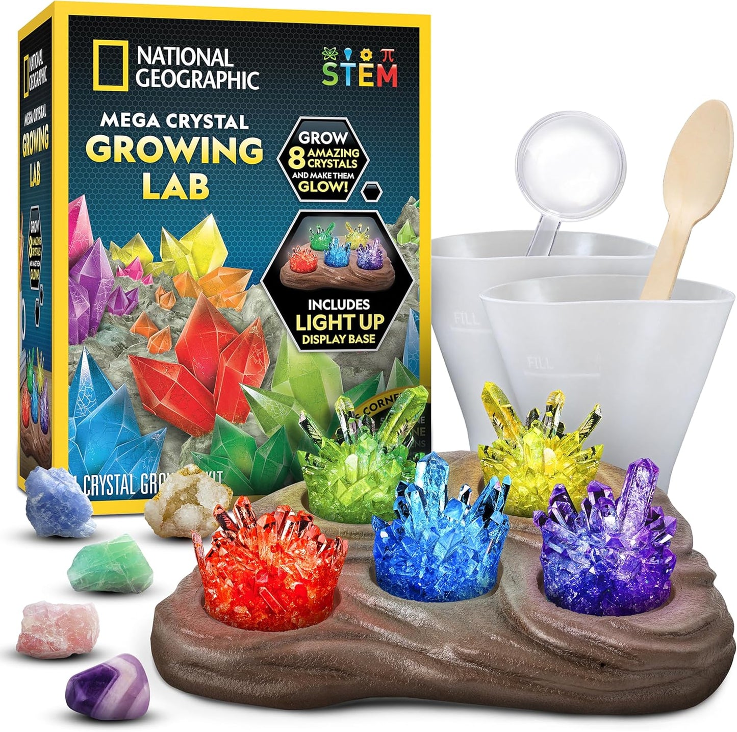 National Geographic Mega Crystal Growing Kit for Kids- Grow 6 Crystals with Light-Up Stand, Science Gifts for Kids 8-12, Crystal Making Experiment, Science Kit for Girls and Boys (Amazon Exclusive)