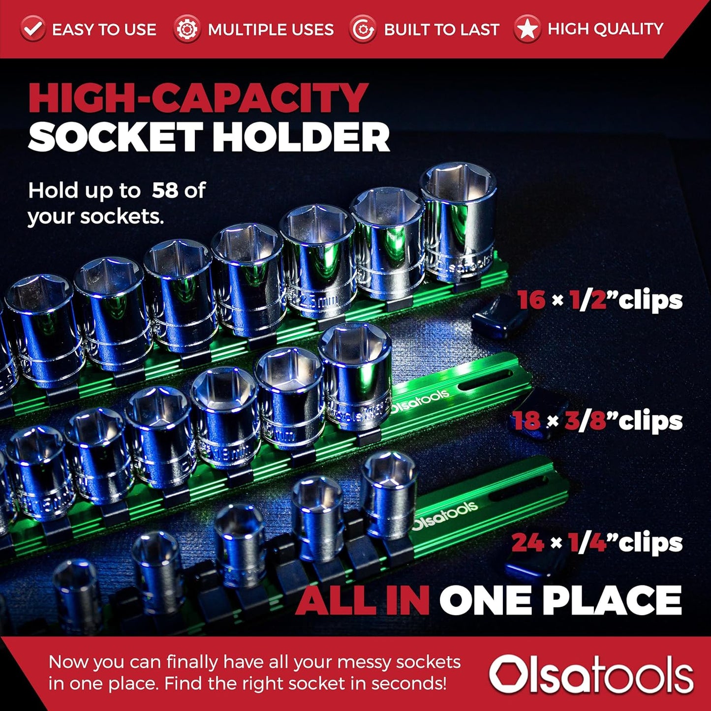 Olsa Tools Aluminum Socket Organizer, 3pc Set - Yellow Socket Holder Kit 1/2-Inch, 3/8-Inch, and 1/4-Inch Drive - Holds 58 Chrome or Impact Sockets - Professional Grade Socket Rails - Part: 1110