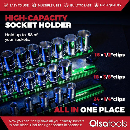 Olsa Tools Aluminum Socket Organizer, 3pc Set - Yellow Socket Holder Kit 1/2-Inch, 3/8-Inch, and 1/4-Inch Drive - Holds 58 Chrome or Impact Sockets - Professional Grade Socket Rails - Part: 1110