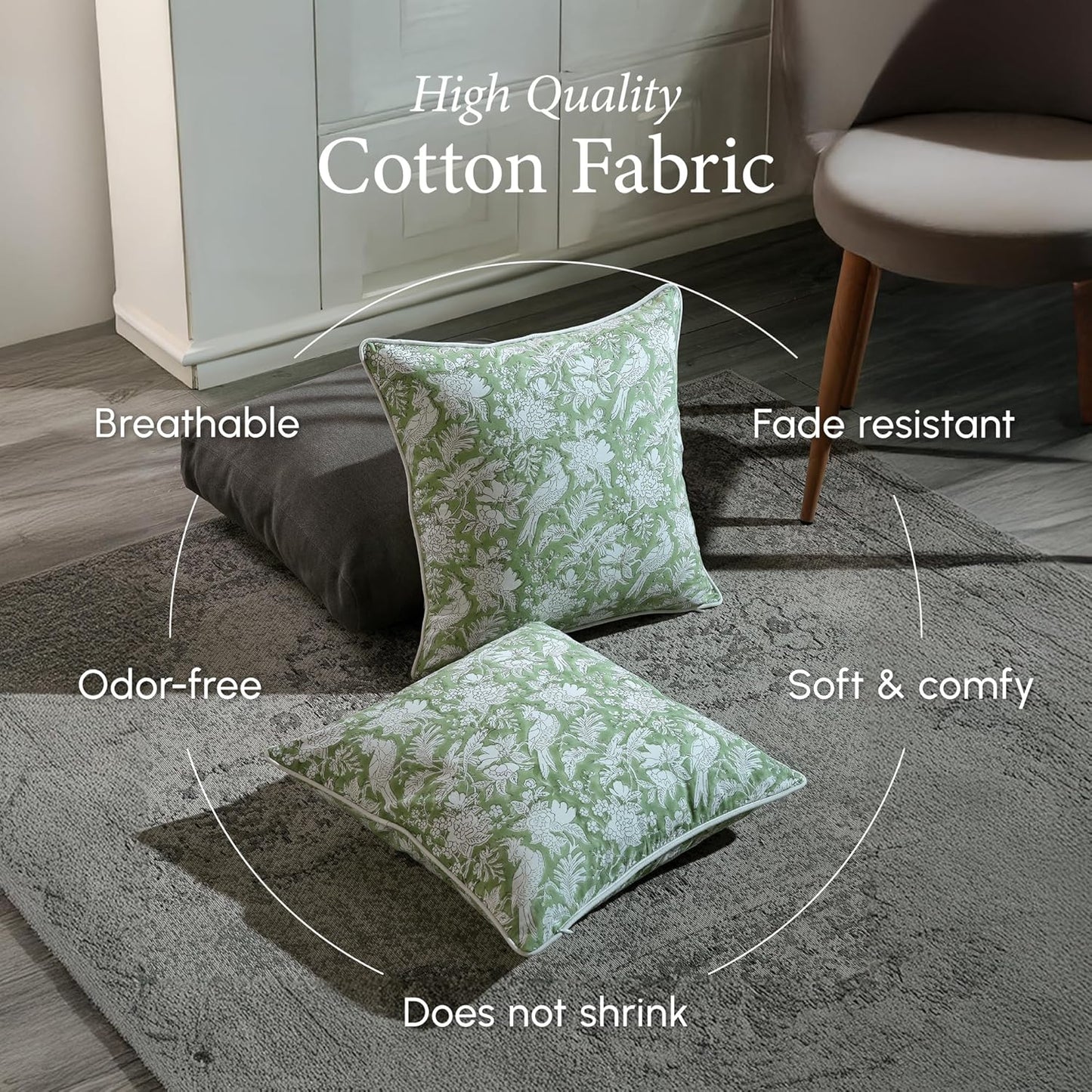 CPC 100% Cotton Throw Pillow Covers 18x18 Inch, Set of 2 Green Block Print Pattern Couch Pillow, Cute Boho Decorative Pillows for Living Room, Bedroom with Hidden Zipper- Agate Green