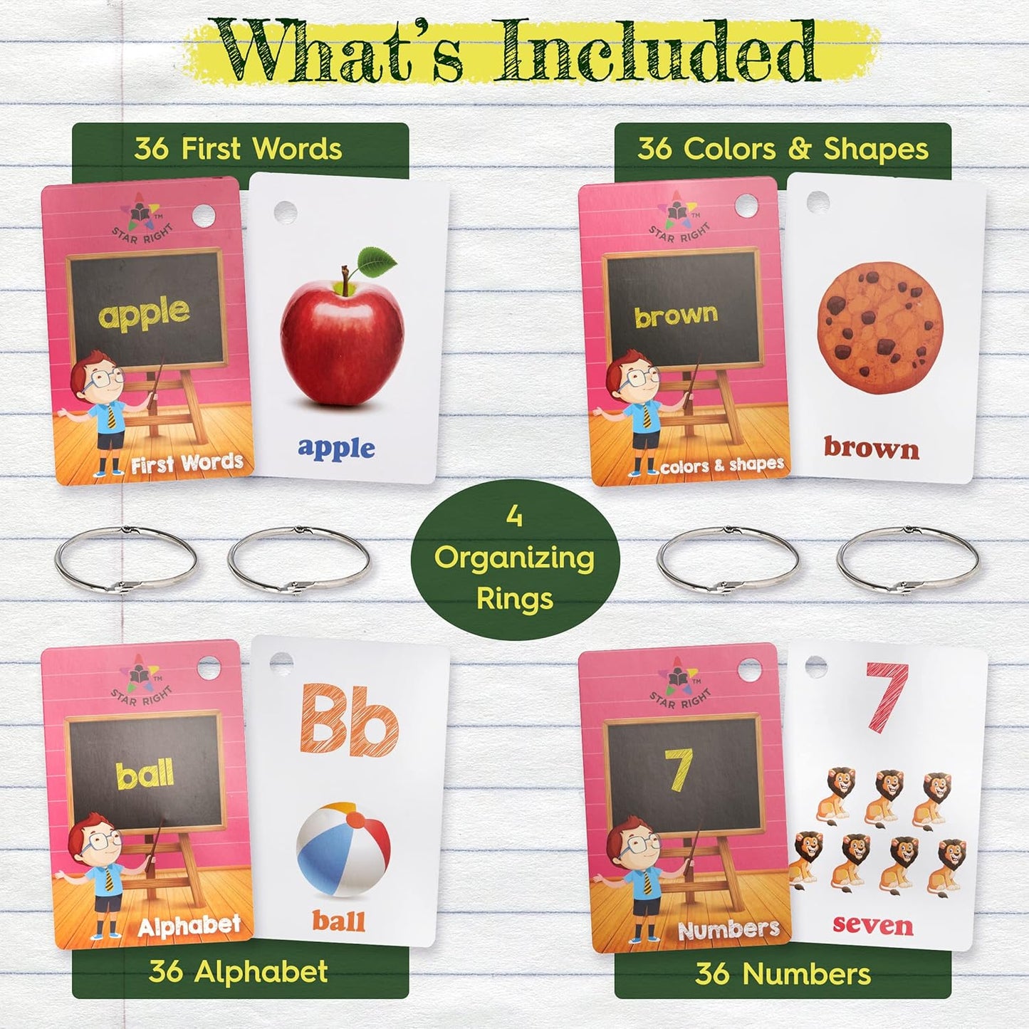 Star Right Flash Cards Set of 4 - Numbers, Alphabets, First Words, Colors & Shapes - Value Pack Flash Cards with Rings for Pre K - K