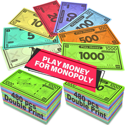 Queensell Play Money Suitable for Monopoly Board Game – 480 pcs of 60 Each Bill Denomination – Double Sides Printing Paper Money for Pretend Play Cashier - 480 pcs