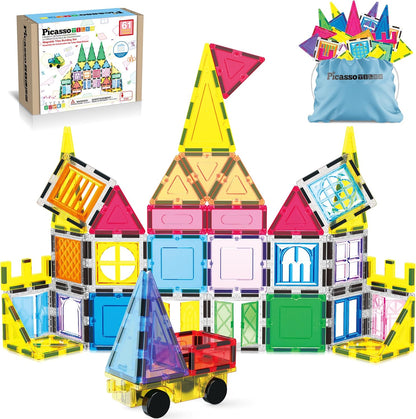 PicassoTiles 101 Piece Magnetic Tile Building Blocks Set with Durable Storage Bag STEM Educational Construction Magnet Toy Kit for Toddlers Preschool Kids Boys Girls Age 3 Plus Indoor Learning PT06