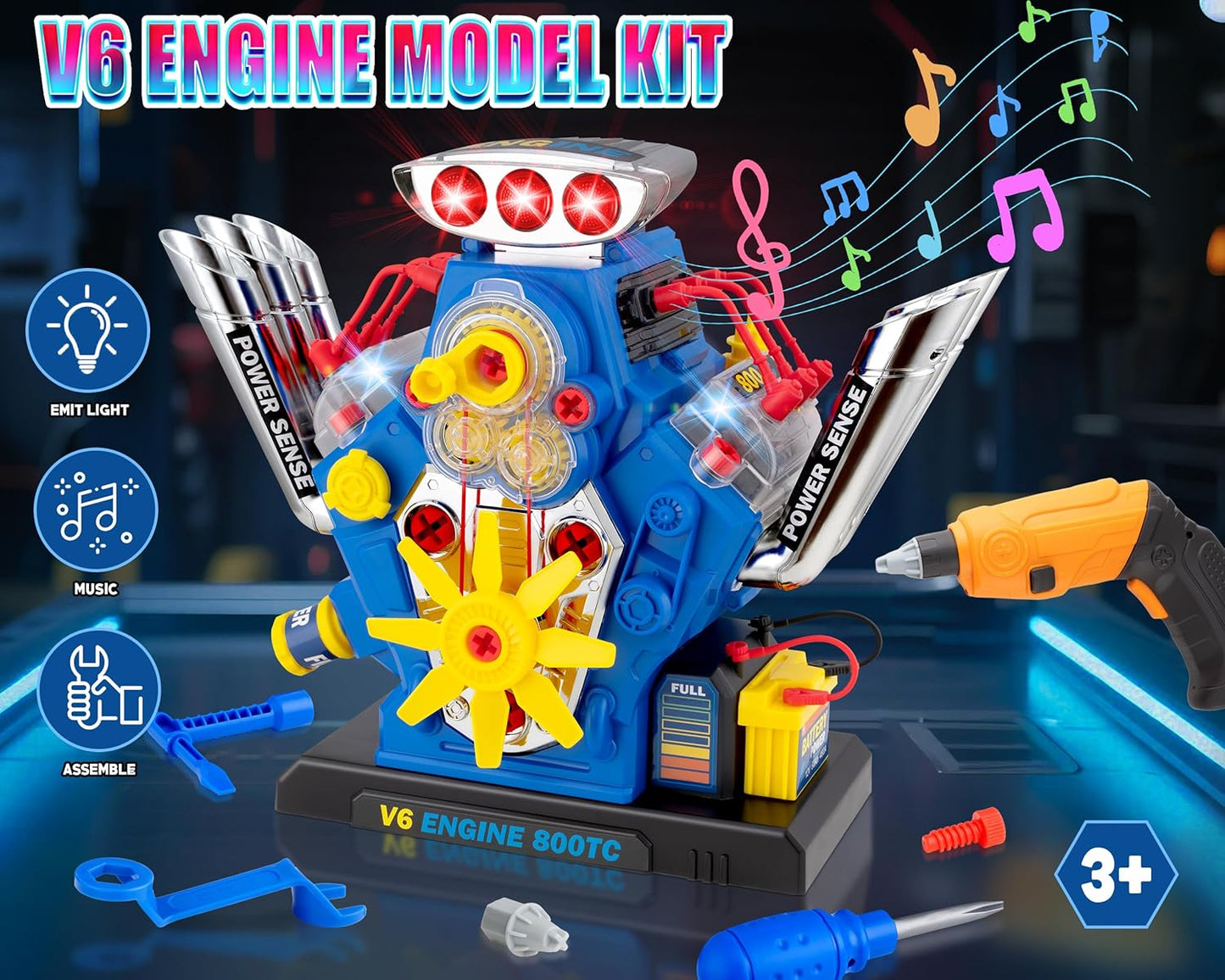 POFJOEQ Engine Building Kit, Kids Mechanic Repair Set for Kids Motorcycle Engine，Take Apart Toys-42pc Playset，STEM Engine Model Kit Toy with Cool Lights&Sounds，Educational Toys for 3+ Year Old (Blue)