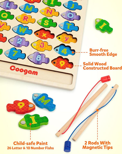 Coogam Magnetic Alphabet Numbers Fishing Game, Wooden ABC Letter Numbers Color Matching Puzzle Fine Motor Montessori Educational Toy for Preschool 3 4 5 Year Old Toddlers
