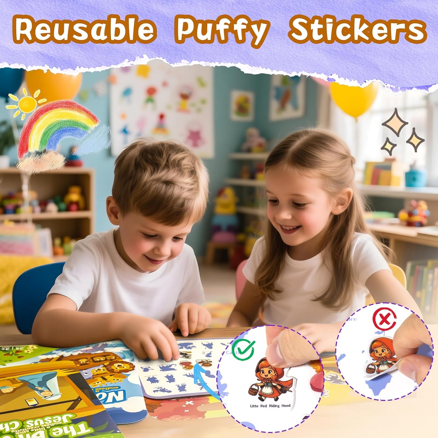 Reusable Sticker Books for Toddlers 1-3, Puffy Stickers Book for Kids Ages 2-4, Toddler Travel Activities Book Toy for Birthday Christmas - Christianity Jesus, Noah's Ark, Fairy Tales(3 Set)