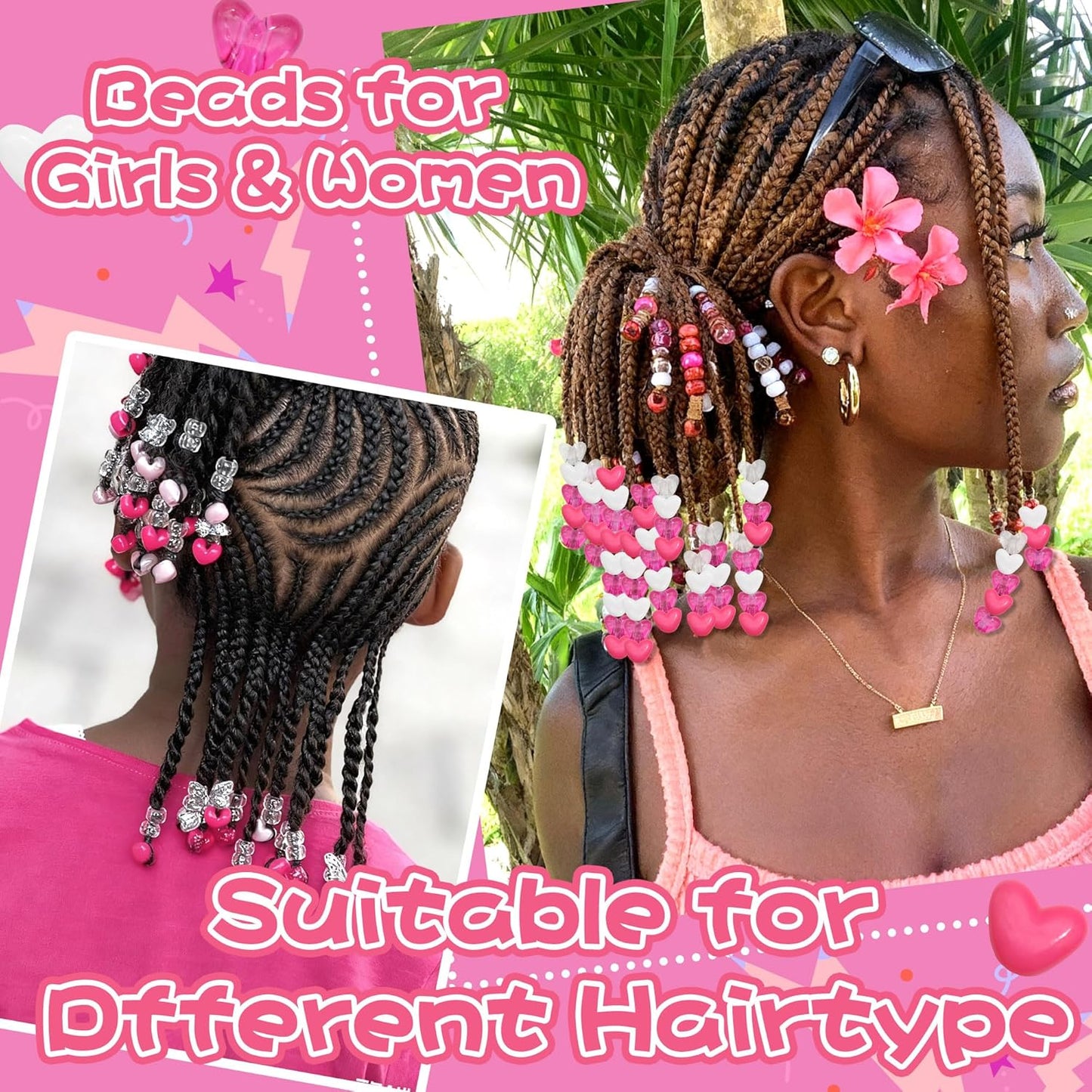 88PCS Pink White Hair Beads for Braids Lovely Heart Shape Loc Dreadlock Valentine's Day Bead Accessories Cute Acrylic Small Pony Beads for Kids Girls