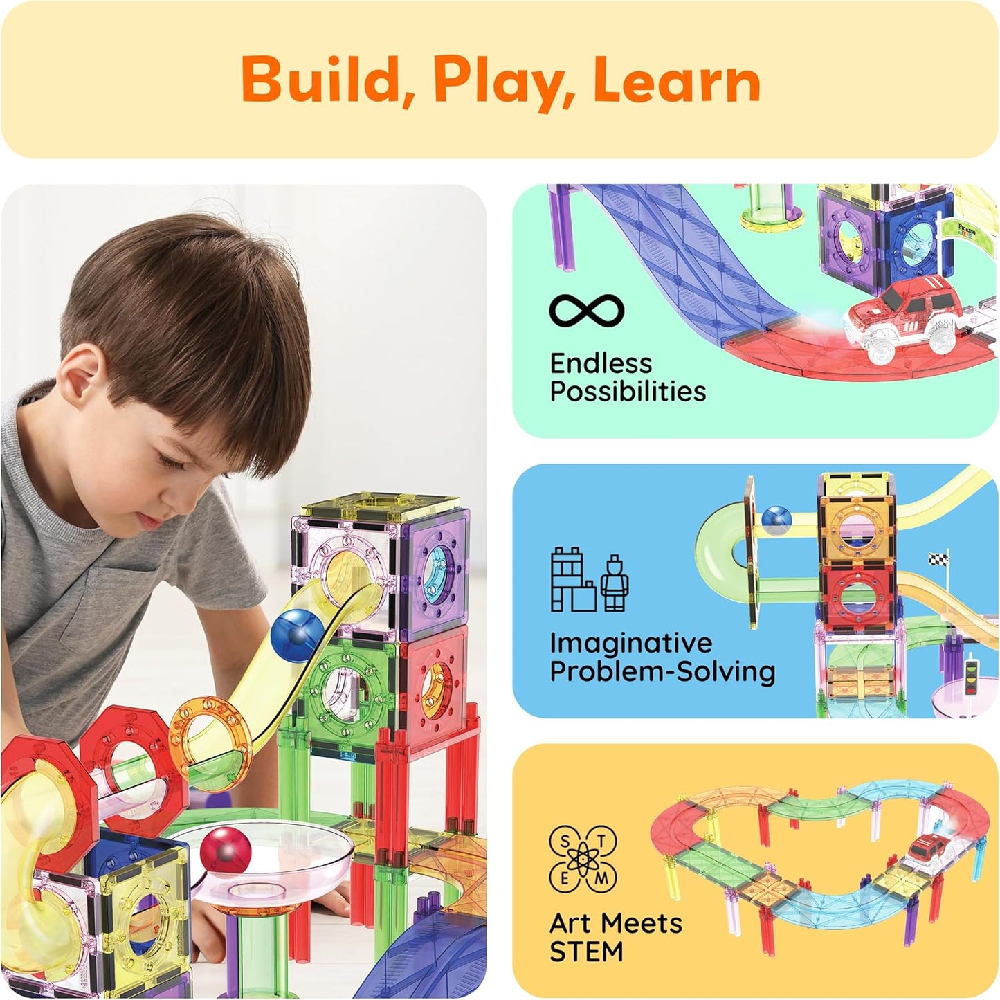 PicassoTiles 121pc Magnetic Tile Race Track Marble Run Magnet Tiles 3-in-1 Playset Car Racing Construction Set STEM Learning Early Education Building Toy Cars for School Toddlers Boys Girls Ages 3+