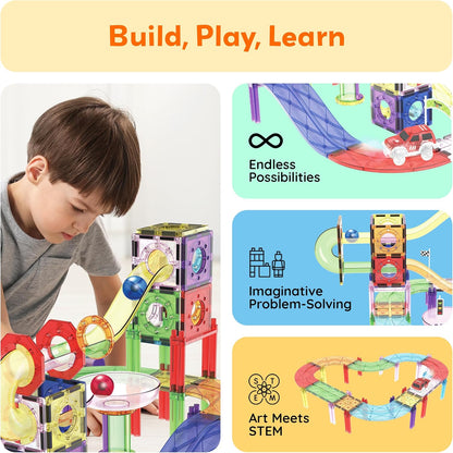PicassoTiles 121pc Magnetic Tile Race Track Marble Run Magnet Tiles 3-in-1 Playset Car Racing Construction Set STEM Learning Early Education Building Toy Cars for School Toddlers Boys Girls Ages 3+