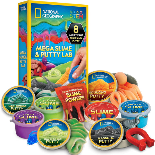 NATIONAL GEOGRAPHIC Mega Slime Kit & Putty Lab - 4 Types of Slime Plus 4 Types of Putty Including Magnetic, Slime Kit for Boys and Girls, Sensory Toy & Science Kit