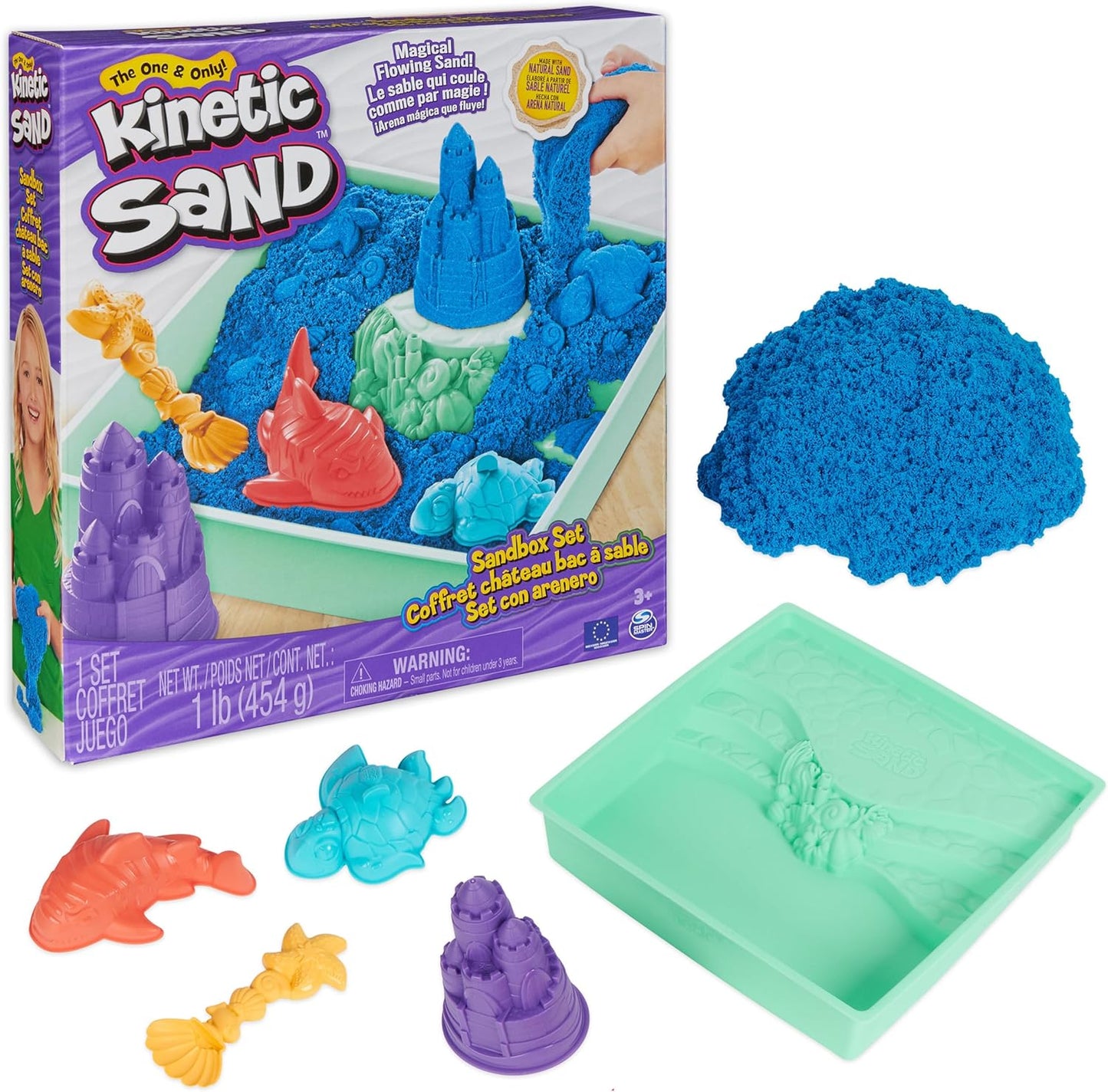Kinetic Sand, Sandbox Set with 1lb Purple Play Sand, 4 Tools & Molds, Storage, Sensory Toys for Kids Ages 3 and up