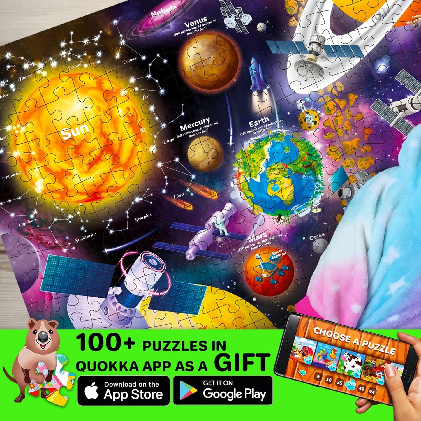 QUOKKA 3X Set Learning Board Games for Kids 8-12 - Educational Trivia Cards Ages 6-8 - Travel United States - World Map - Explore Outer Space - Gift for Children and Teens 4-8 - Jigsaw Puzzles