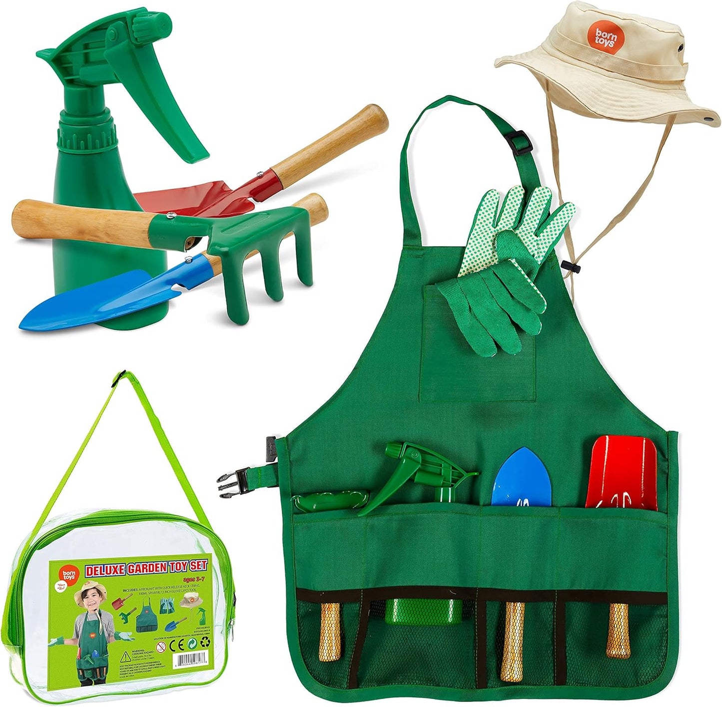 Born Toys Kids Garden Set for Boys & Girls Ages 3-7, Toddler Gardening Kit with Kids Gardening Tools - Gardening Apron, Gloves, Hat, Working Spray Bottle, Trowel Shovel & Rake, Outdoor Activity Toys