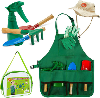 Born Toys Kids Garden Set for Boys & Girls Ages 3-7, Toddler Gardening Kit with Kids Gardening Tools - Gardening Apron, Gloves, Hat, Working Spray Bottle, Trowel Shovel & Rake, Outdoor Activity Toys