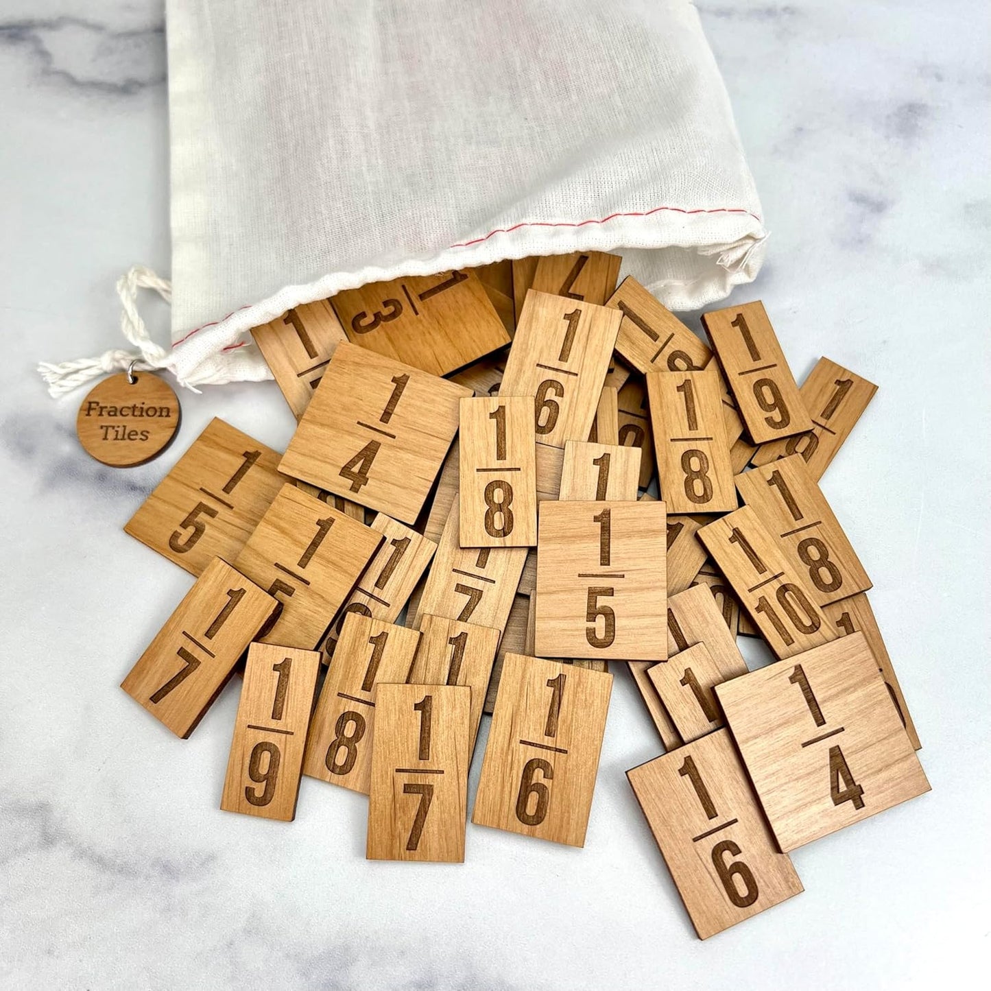 Fraction Bar Tiles and Holder - Laser Engraved Wood with 67 Tiles Plus 6 inch Holder