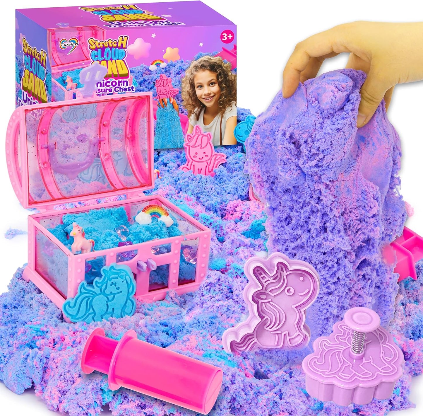 Carolart Unicorn Stretchy Cloud Sand,Blue & Pink Play Sand,Treasure Chest with Sensory Sand,Stretchable,Moldable,Expandable Cloud Slime,Tactile Fun Sensory Kit, Sensory Toys for Kids Ages 3+