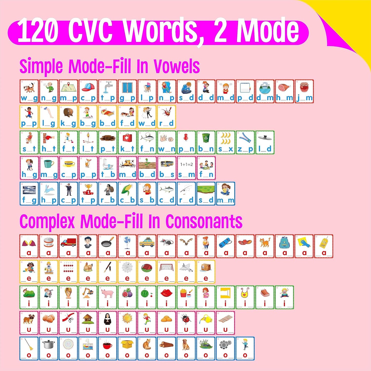 CVC Word Writing Cards, 120 Double Sided Handwriting Cards Short Vowel Spelling Flashcards CVC Sight Words Early Educational Tool for Kids 3 4 5 Years Old (Plus 2 Markers & 3 Reclosable Plastic Rings)
