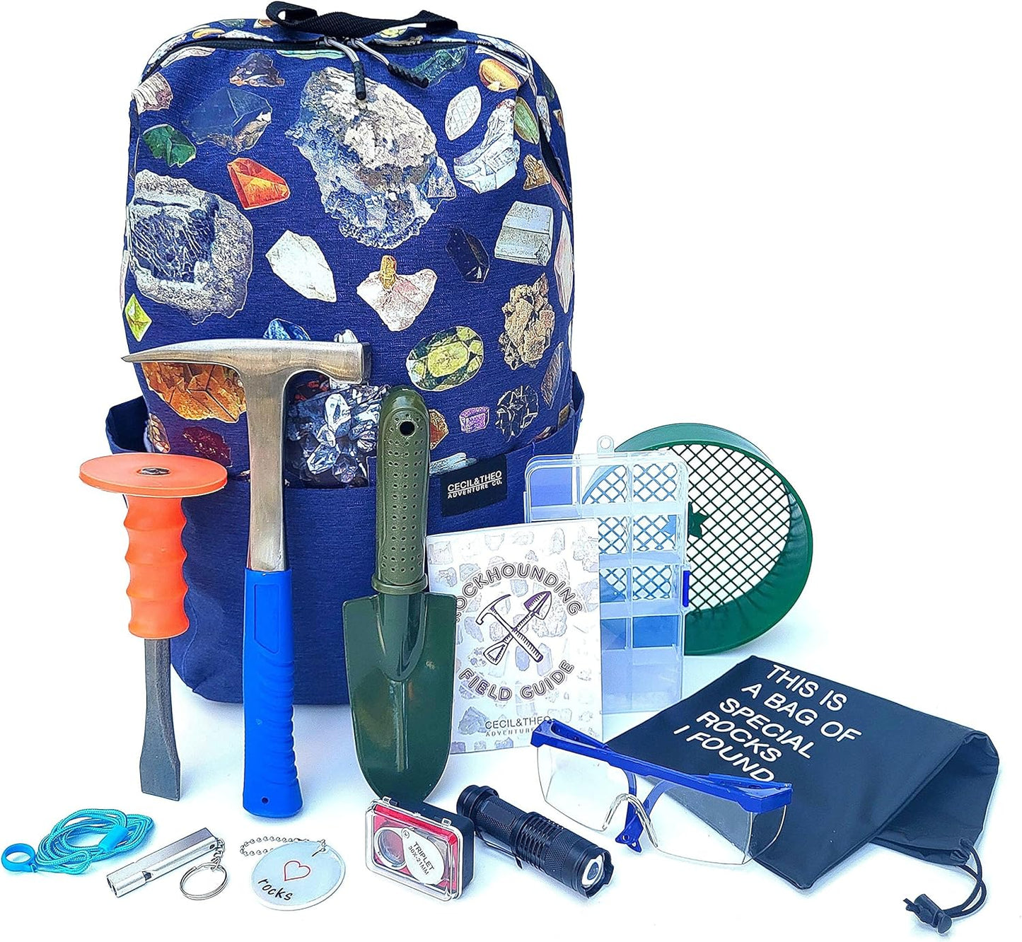 Rockhounding Tools - Geology Pick Hammer Kit With 32 Page Field Guide - Backpack for Chisel & Pick Set - Gifts for Kids & Adults - Gold Mining Equipment