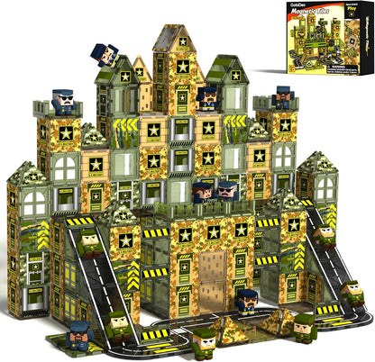 GobiDex 100PCS Army Magnetic Tiles Building Set for Kids, STEM Military Magnetic Building Blocks with 6 Magnetic Army Men, Educational Construction Toys Gift for Boys Girls 3 4 5 6 7 8 9+ Year Old