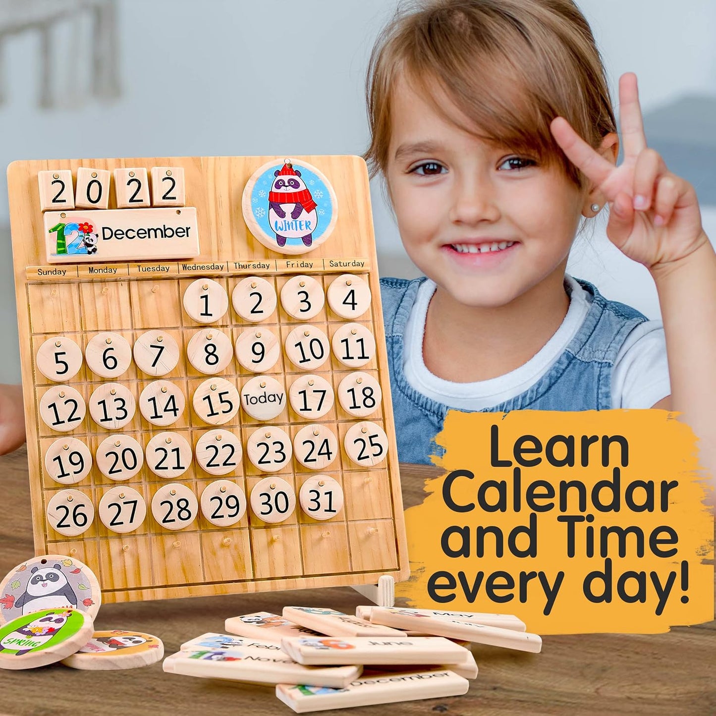 Panda Brothers Set of 2 Toys: Wooden Geoboard & Wooden Calendar. Montessori Toys for Kids, Wooden Toys, Sensory Toys for 3 4 5 Year Old, Busy Board, Preschool Classroom STEM Toys