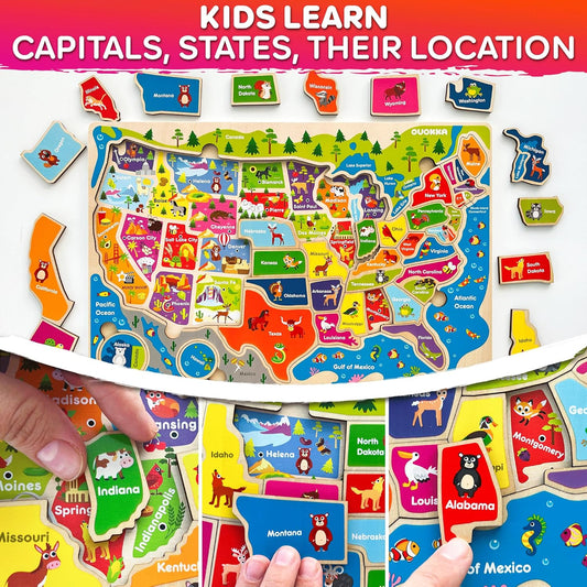 QUOKKA Puzzles for Kids Ages 4-6 - Realistic USA Map Wooden Puzzles for Toddlers 3-5 - Montessori Wood Educational Toys for 2-4 Years Old - United States Geography Learning Games for Kids 6-8