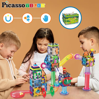 PicassoTiles 108pc Magnetic Marble Run Set with Building Tiles Race Track Car Slides Set STEM Learning Toy 3-in-1 Preschool Construction Kit for Indoor Activity and Development for Kids age 3+ PTG108