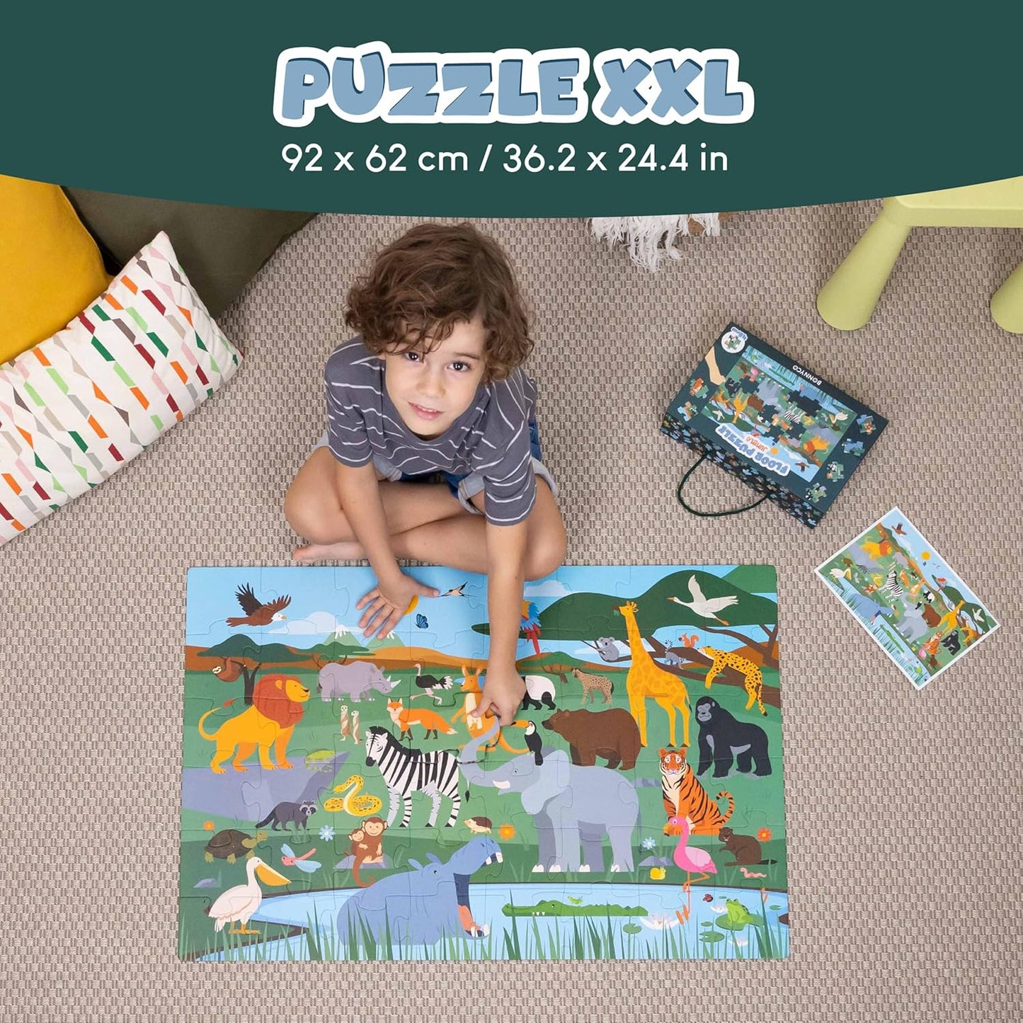 BONNYCO Giant Floor Puzzles for Kids of Jungle Animals with 48 Large Pieces. Safari Jumbo Puzzle 36.2 x 24.4 in, Gifts for Boys and Girls, Educational Kids Toys Ages 2-8