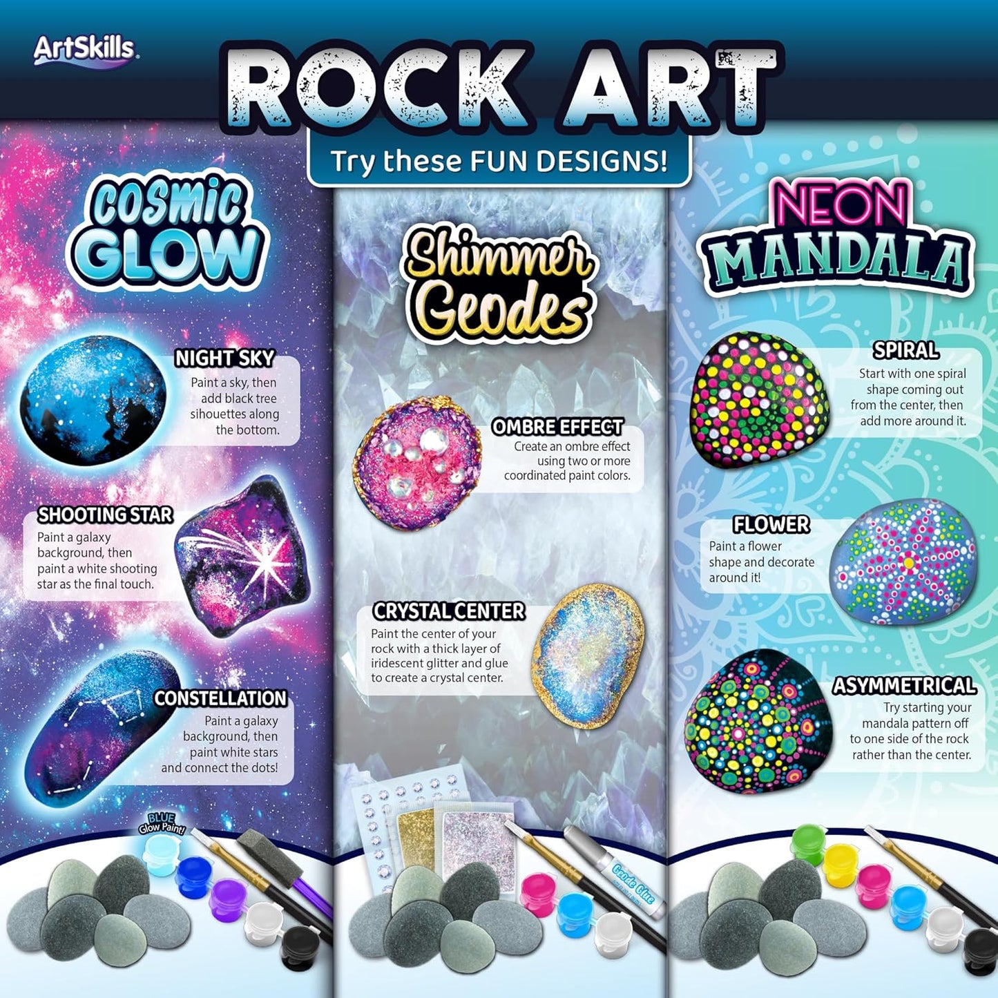 ArtSkills Rock Painting Kit - 18 Rocks - Geode, Mandala & Glow in the Dark Rock Painting, Arts and Crafts for Kids