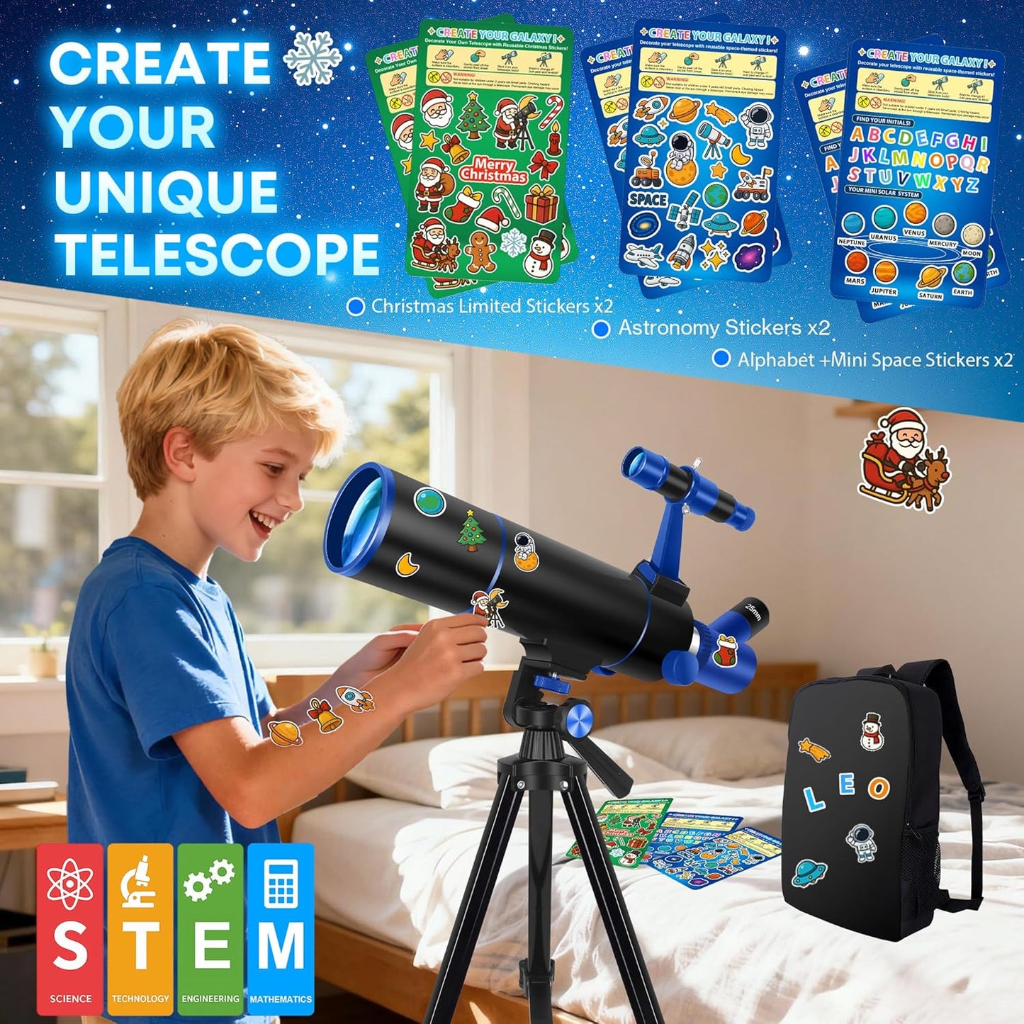 Hawkko Telescope for Adults & Kids – 80mm Aperture 500mm Telescopes for Adults Astronomy, (20X-150X) Portable Refractor Telescope Kit for Beginners with Decorate Stickers, AZ Tripod, Phone Adapter