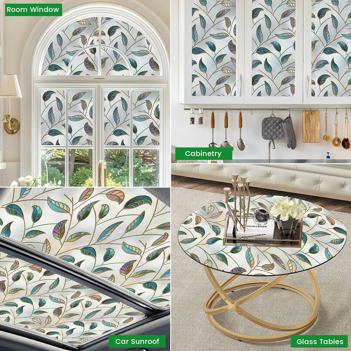 Leaf Pattern Window Tint with Installation Tools, Blackout Window Cover, Sun Blocking Window Tint for Home (Full Blackout Opaque, 17.7'' x 78.7'')