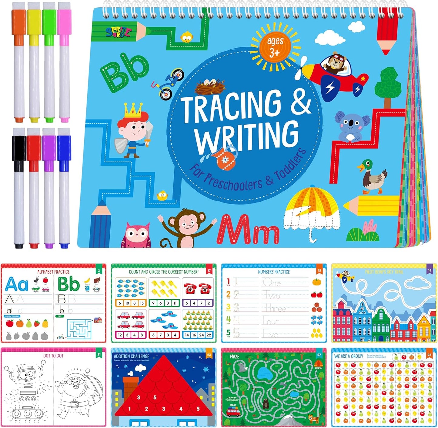 SpriteGru Dry Erase Mazes Game Pad, 30 Mazes Reusable & Erasable Book, Fun Brain Challenge Games Interesting Educational Toy and Learning Tool for Road Trip Airplane Travel