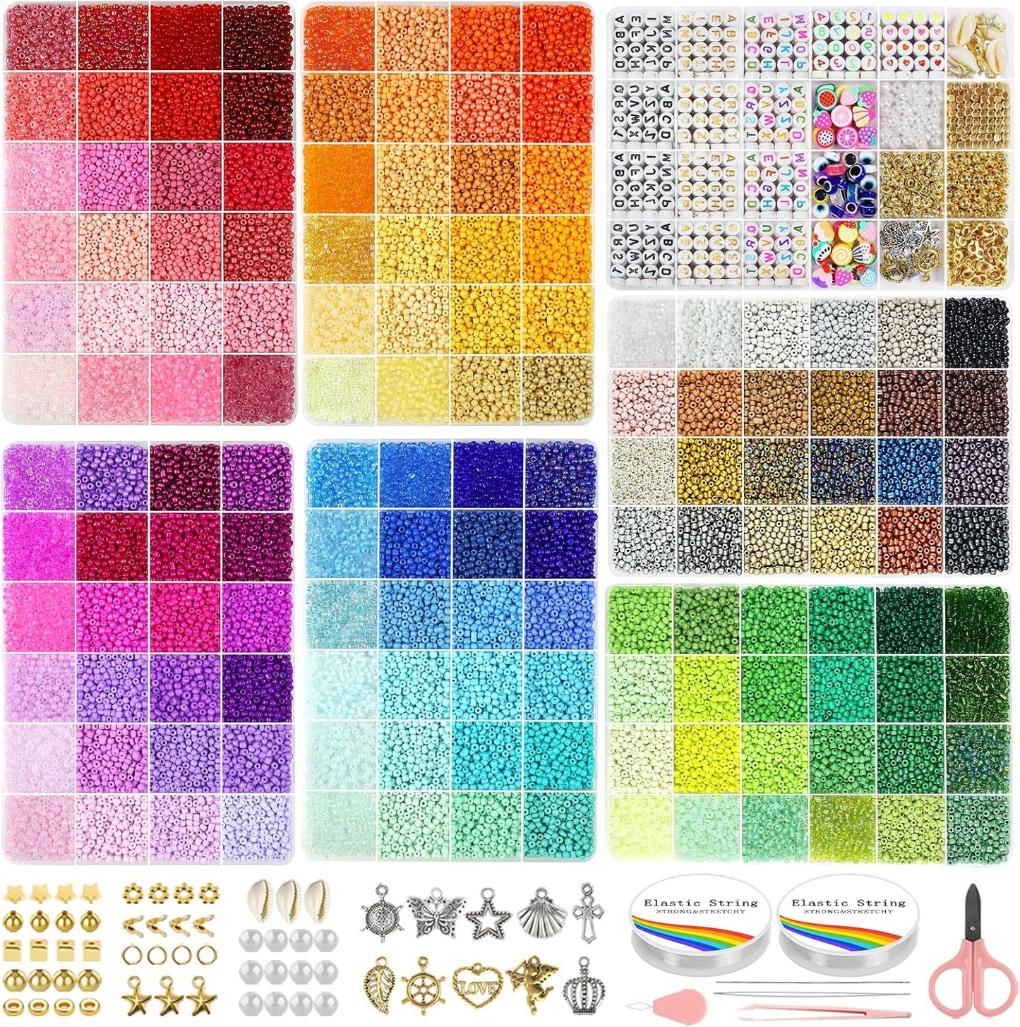 Redtwo 4mm Glass Seed Beads for Jewelry Bracelet Making Kit, Small Beads Friendship Bracelet Kit, Tiny Waist Beads with Letter Beads and Elastic String, DIY Art Craft Girls Gifts