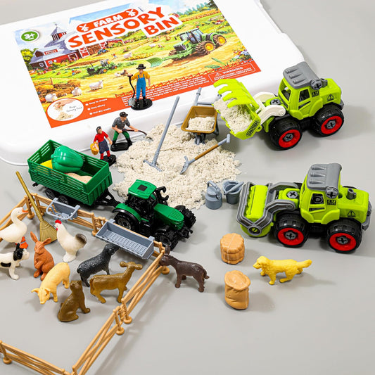 51 PCS Farm Sensory Bin Kids Sandbox with Lid, 2.2 LB Sensory Sand, 40 Toddler Farm, 3 Take Apart Construction Trucks -Sensory for Kids 5-7, 3-4 & Up- Kids Gifts for Boys and Girls