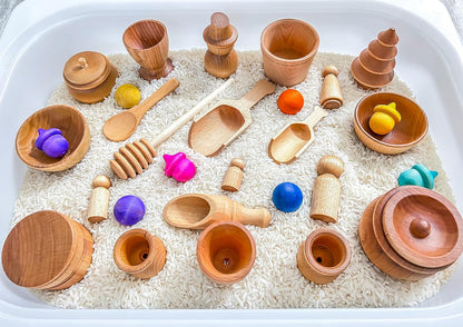 Rainbow Rice and Sensory Bin Tools (10 Pieces), Wooden Sensory Bin Tools and Scoops with Chemical-Free and Food-Safe Rice, Table Tools for Fine Motor Skills