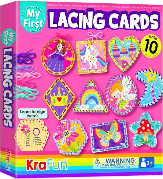 KRAFUN My First Lacing Cards Kit for Toddlers & Kids Age 3+, 10 Safari Animal Arts & Crafts Projects, Fine Motor Skills Toys with Lion Monkey Elephant Tiger Giraffe Hippo Zebra Bear