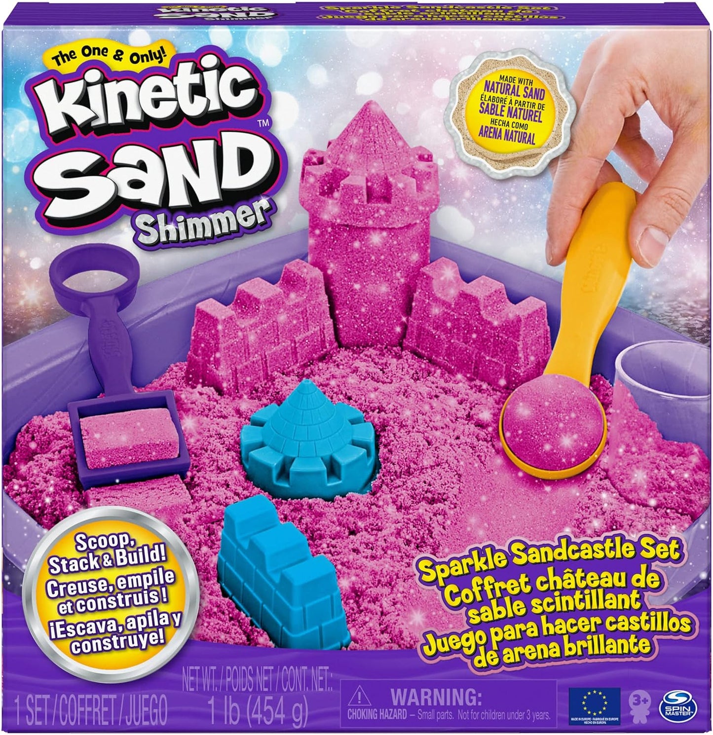 Kinetic Sand | Shimmer Sand Castle | Kinetic Sand 454g | Magic Sand | Pink Glitter Coloured Sand | 3 Accessories and Tray Included | Toys for Boys and Girls 3 Years