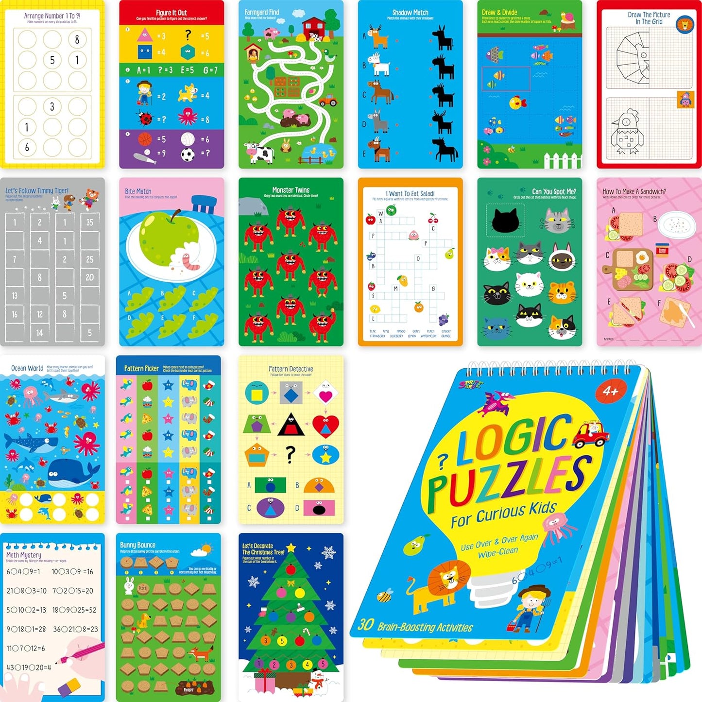 Logic Puzzles Game Pad, 30 Reusable & Erasable Logical Thinking Games-Sudoku, Scavenger Hunt, Math Games, Dry Erase Brain-Boosting Puzzles Activities Pad for Kids, Road Trip, Airplane & Car Travel