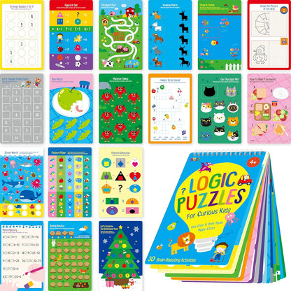 Logic Puzzles Game Pad, 30 Reusable & Erasable Logical Thinking Games-Sudoku, Scavenger Hunt, Math Games, Dry Erase Brain-Boosting Puzzles Activities Pad for Kids, Road Trip, Airplane & Car Travel