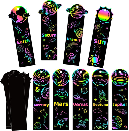 CY2SIDE 72PCS Solar System 9 Planets Scratch Bookmarks for Kids, Outer Space Theme Scratch Card Craft Kits, Galaxy Star Magic Art Rainbow Color Craft Kit for School Party Favors