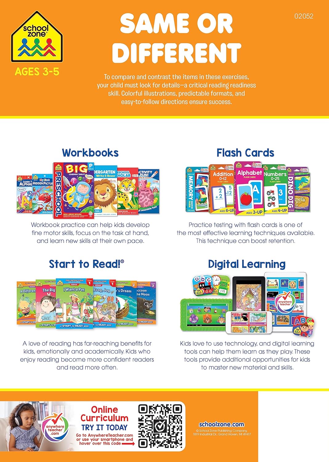 School Zone Same or Different Workbook: 32 Pages, Preschool, Kindergarten, Words, Letters, Colors, Matching, Compare and Contrast, Ages 3 to 5 (Get Ready! Book Series)