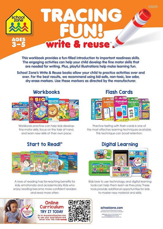School Zone Tracing Fun! Write & Reuse Workbook: 26 Wipe-Clean Pages, Preschool, Kindergarten, Write-On Learning, Write and Wipe, Shapes, Letters, Alphabetical Order, Writing Practice, Ages 3-5