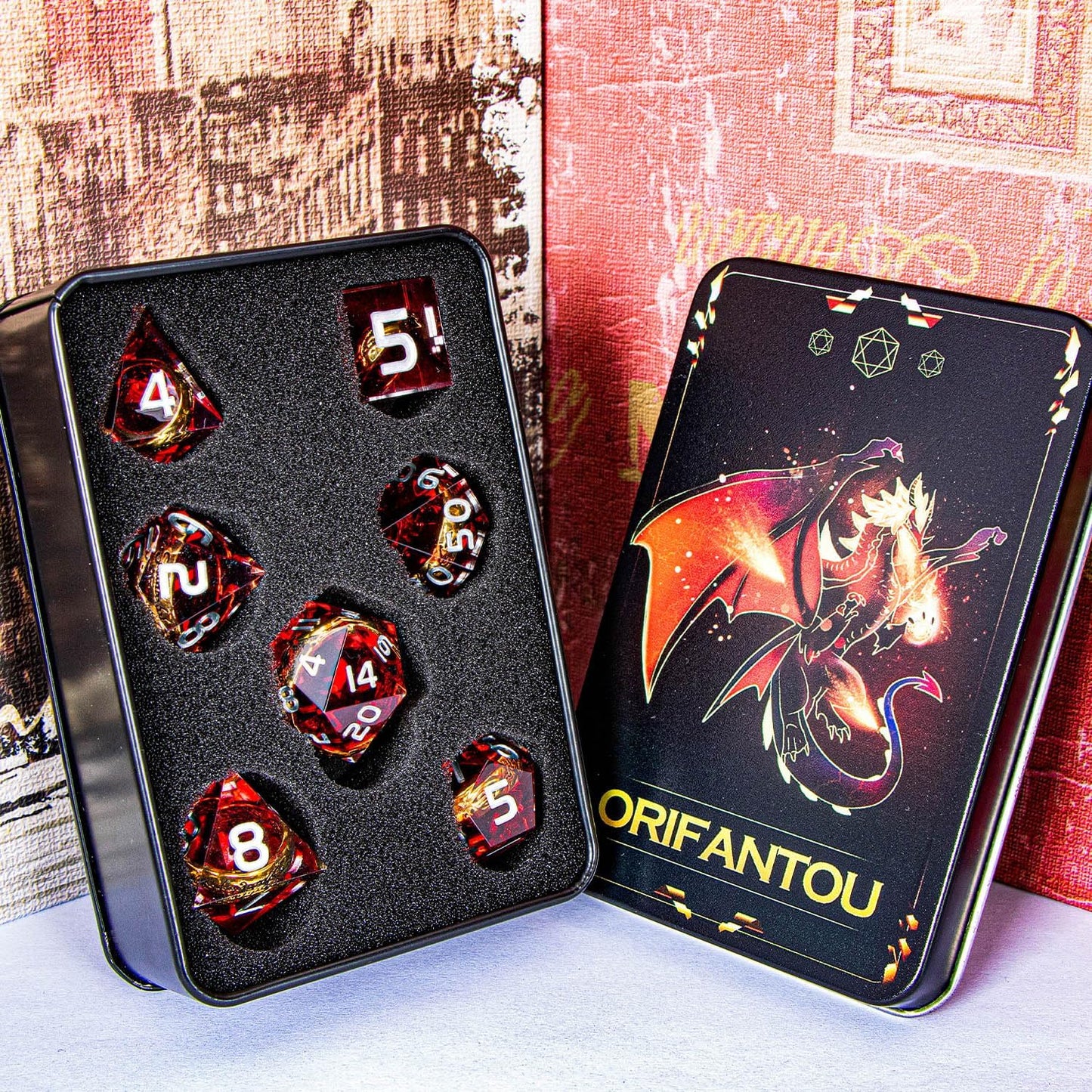 Magic Golden Ring DND Dice Set Sharp Edge Red Resin Dice with Box, for use with Dungeons Dragon RPG D&D Tabletop Games Lord D and D Polyhedral Dice Set