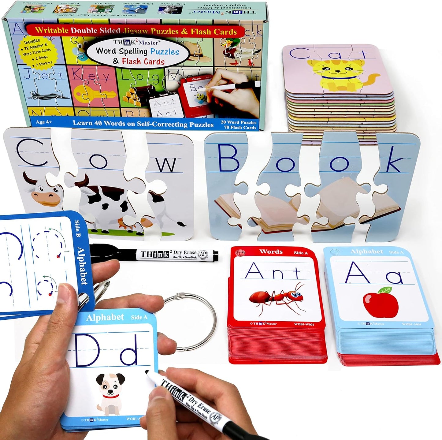Think2Master Spelling Word Flashcards. 20 Double Sided Self Correcting Jigsaw & 78 (Writable, Erasable) Flash Cards