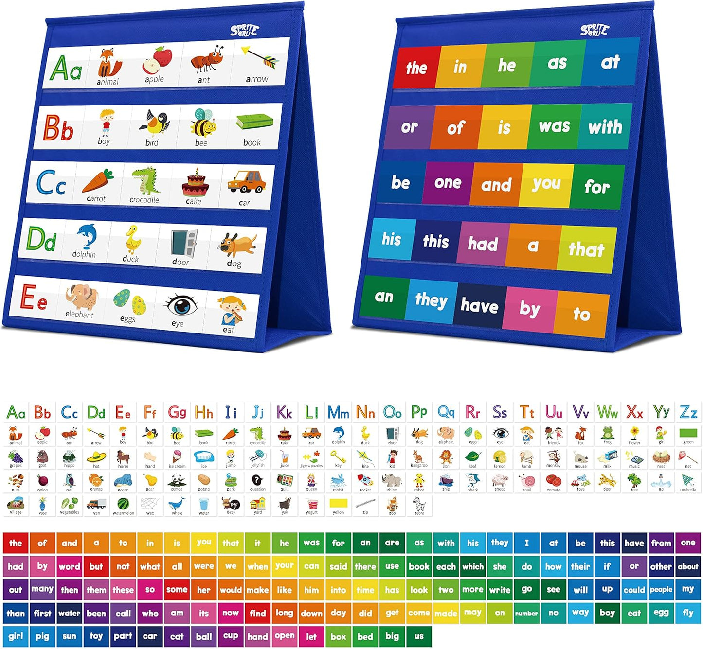 Word Building Desktop Pocket Chart, 48 CVC Words & 50 First Words, Double-Sided Tent Word Builder, Vocabulary Learning Flashcards Set for Kindergarten Reading and Spelling