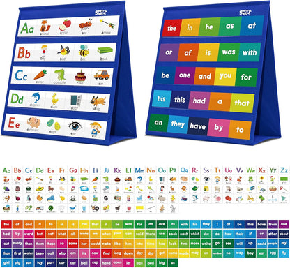 Word Building Desktop Pocket Chart, 48 CVC Words & 50 First Words, Double-Sided Tent Word Builder, Vocabulary Learning Flashcards Set for Kindergarten Reading and Spelling
