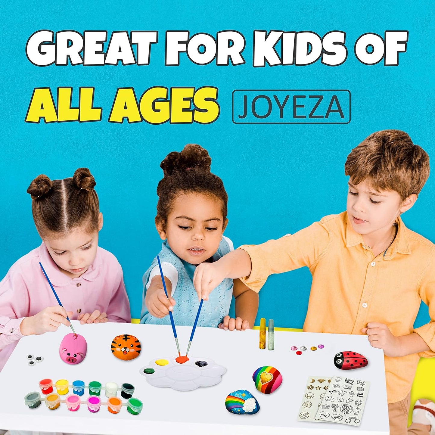 JOYEZA Rock Painting Kit Deluxe, Arts and Crafts for Girls Boys Age 6+, 12 Rocks Tween Gift Art Set, Waterproof Paints, Craft Kits Art Supplies, Kids Crafts Ages 6-8, Kids Activities 6 7 8 9 10